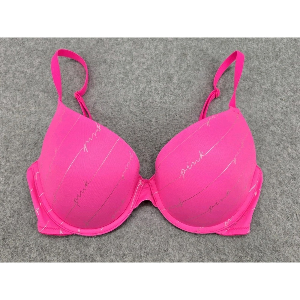 Pink Bra 32D Push Up Bra Wear Everywhere Super Push-Up Spellout Victoria Secret
